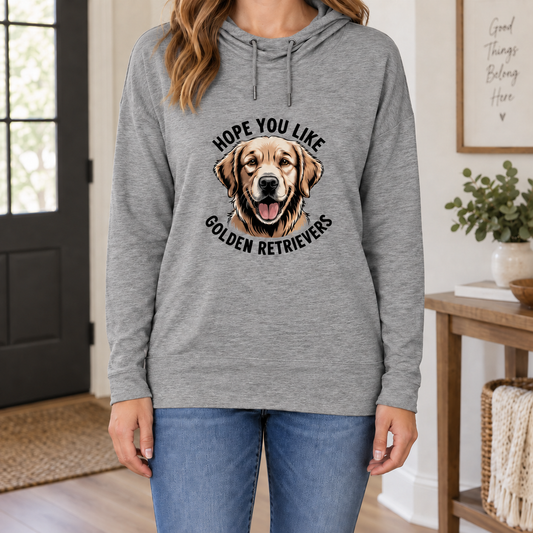 Hope You Like Golden Retrievers women's French terry hoodie in Light Heather Grey, shown on a model from the neck down.