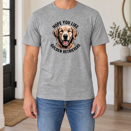 Hope You Like Golden Retrievers T-shirt in Premium Heather, shown on a model from the neck down.