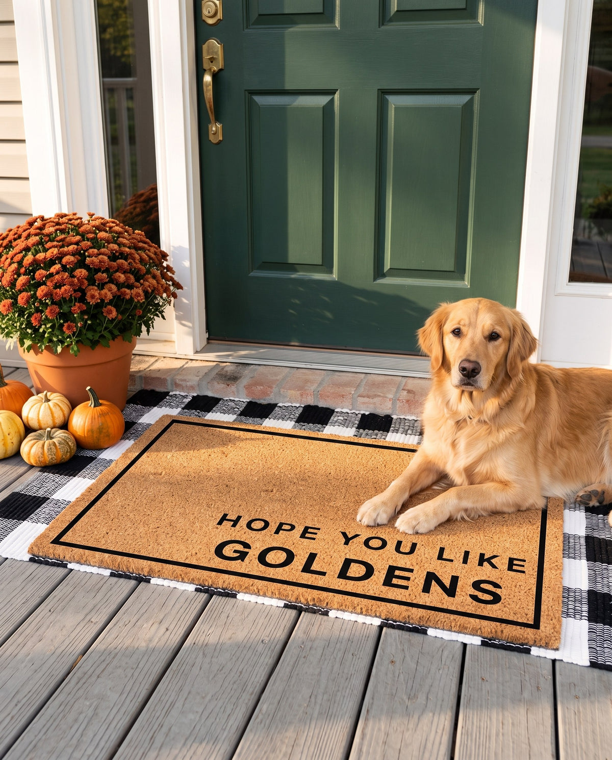 Hope You Like Goldens minimalist coir doormat on a fall porch with a golden retriever lying beside it