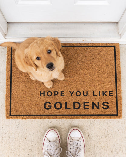 Hope You Like Goldens minimalist coir doormat with a golden retriever puppy sitting on it