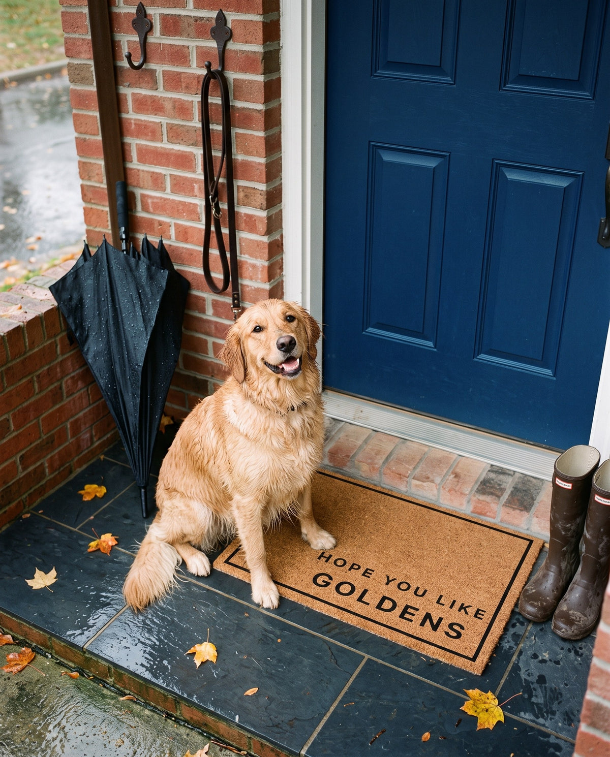 Hope You Like Goldens minimalist coir doormat at a navy front door with a golden retriever on a rainy day