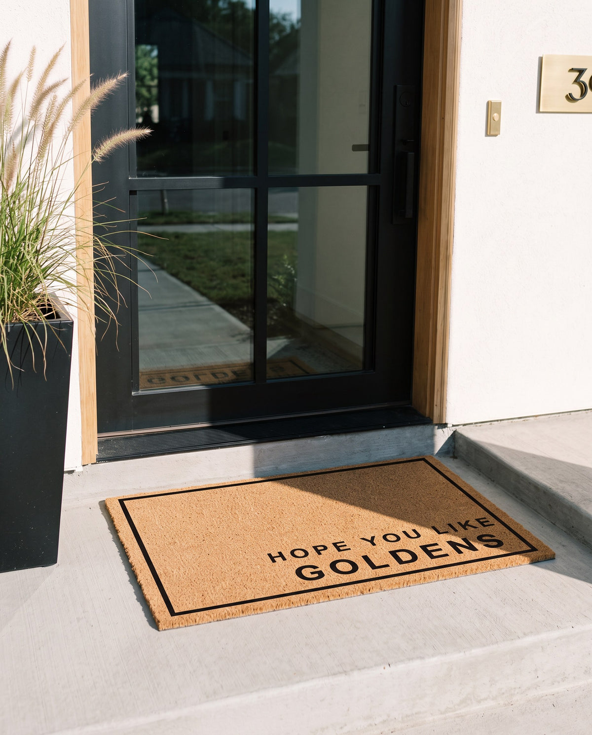 Hope You Like Goldens minimalist coir doormat at a modern black front door