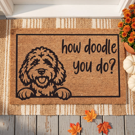 How Doodle You Do goldendoodle coir doormat with a peeking doodle on a striped jute rug on a fall porch