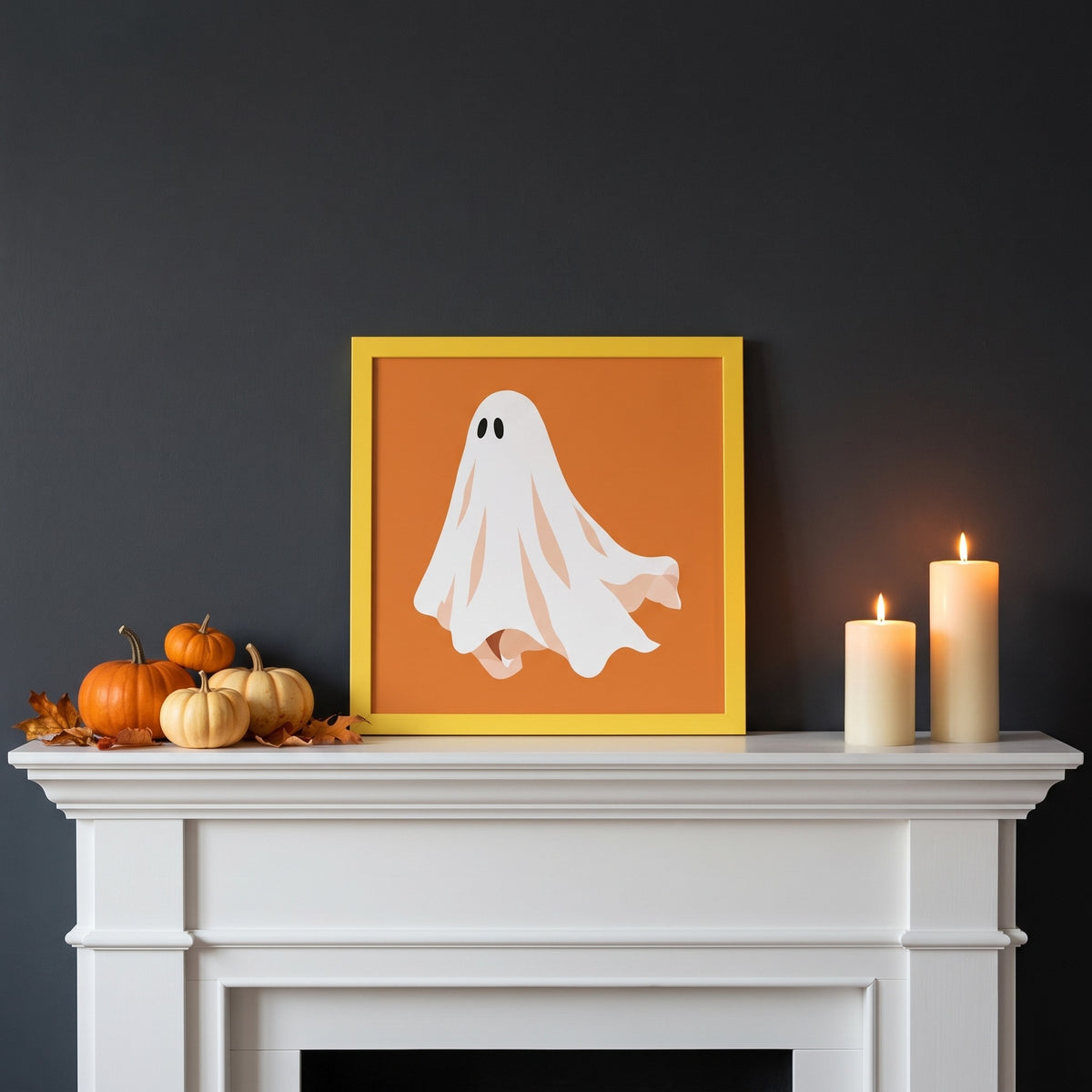 Orange ghost framed art print in a yellow frame, 16 x 16 inch size, on a white mantel with candles and pumpkins