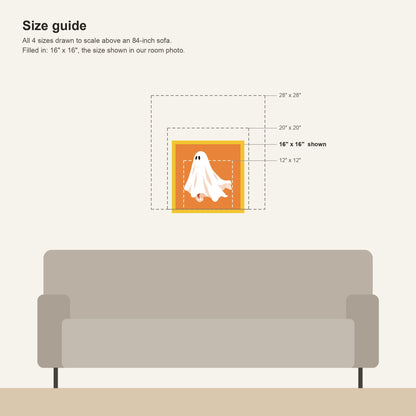Size guide: all orange ghost framed print sizes from 12 x 12 to 28 x 28 inches drawn to scale above an 84-inch sofa