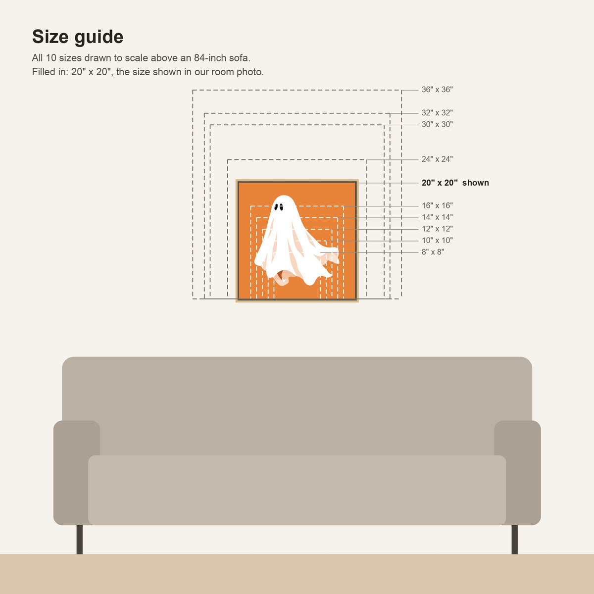 Size guide: all orange ghost canvas sizes from 8 x 8 to 36 x 36 inches drawn to scale above an 84-inch sofa