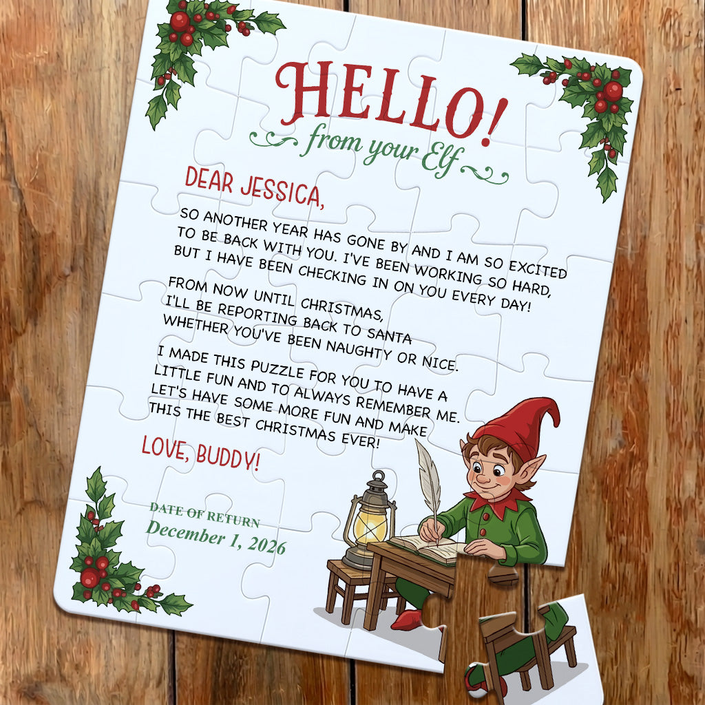 Personalized Christmas Jigsaw Puzzle. Hello or Goodbye from Your Elf