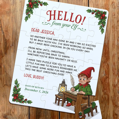 Personalized Christmas Jigsaw Puzzle. Hello or Goodbye from Your Elf