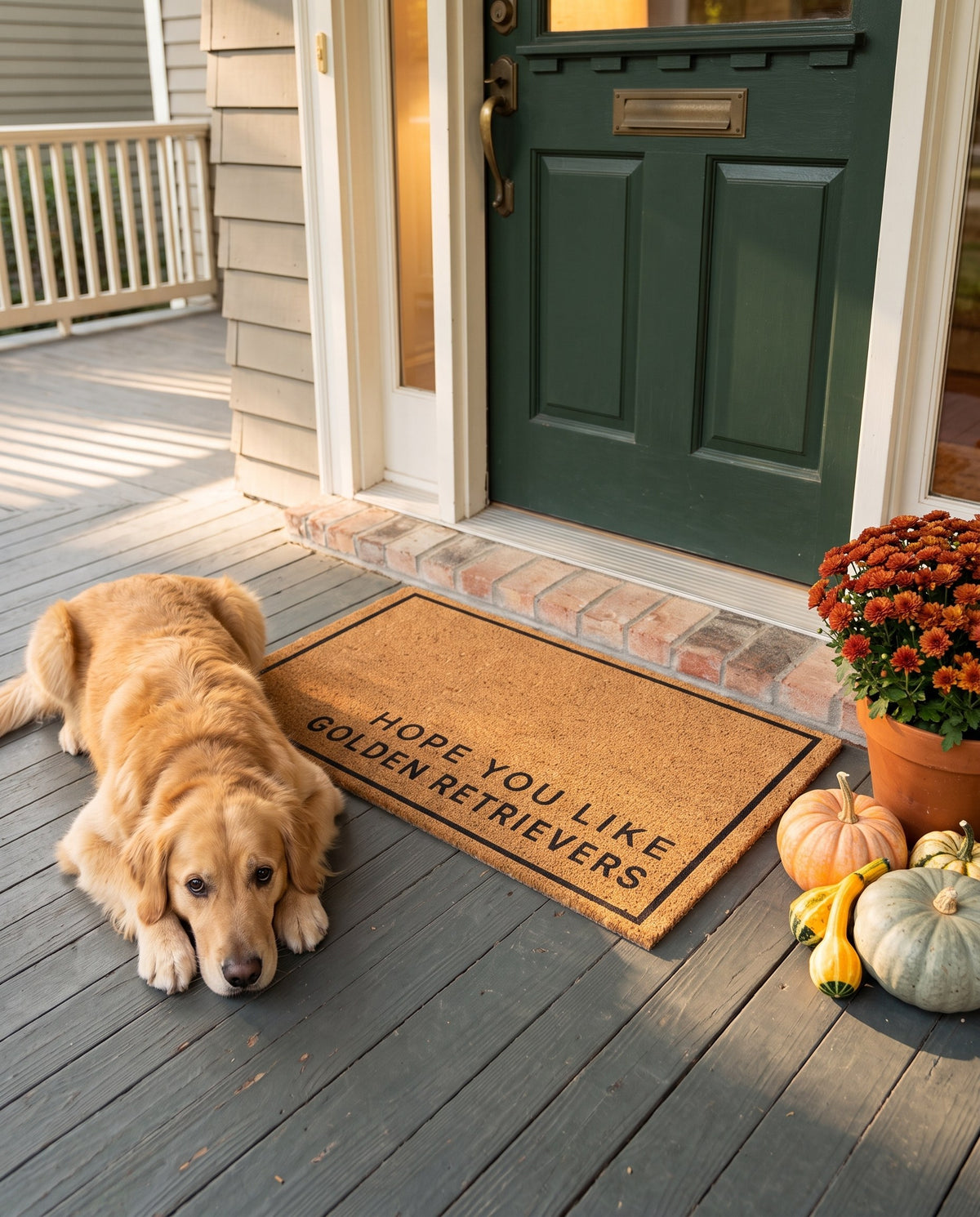 Hope You Like Golden Retrievers minimalist coir doormat on a fall porch with a golden retriever lying beside it