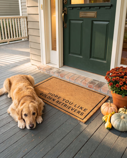 Hope You Like Golden Retrievers minimalist coir doormat on a fall porch with a golden retriever lying beside it