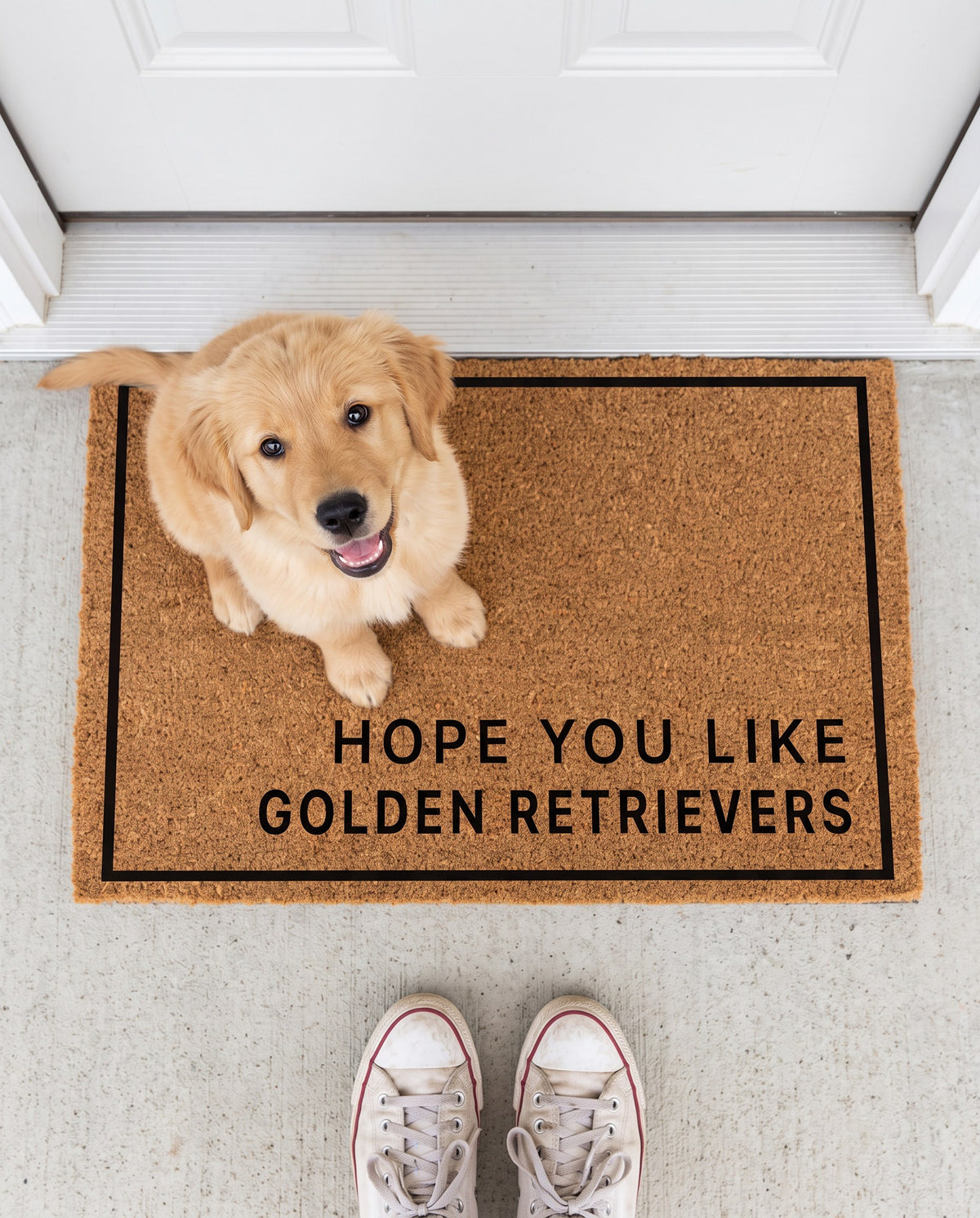 Hope You Like Golden Retrievers minimalist coir doormat with a golden retriever puppy sitting on it