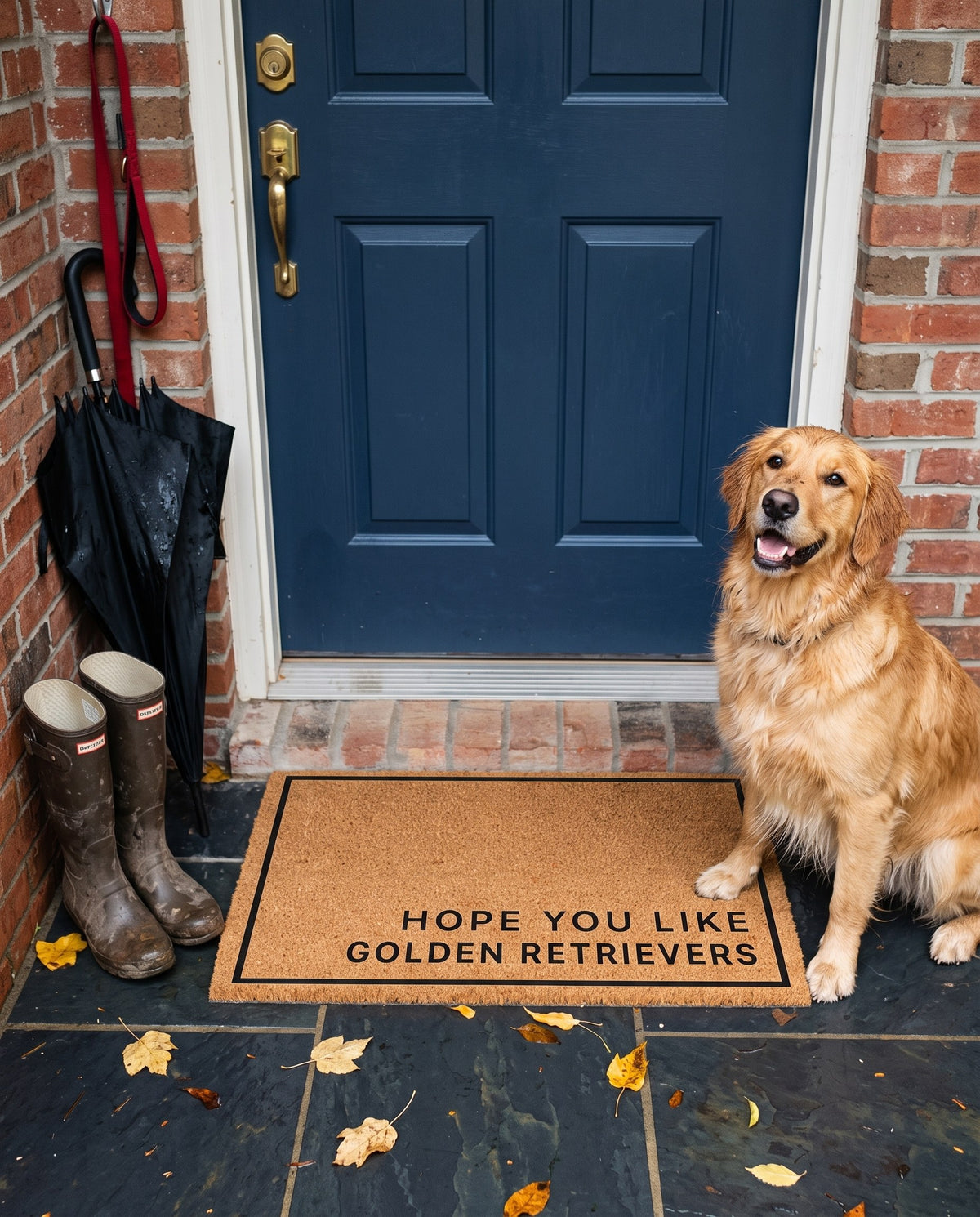 Hope You Like Golden Retrievers minimalist coir doormat at a navy front door with a golden retriever on a rainy day