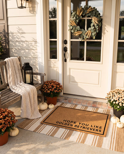 Hope You Like Golden Retrievers minimalist coir doormat on a striped jute rug on a styled fall porch