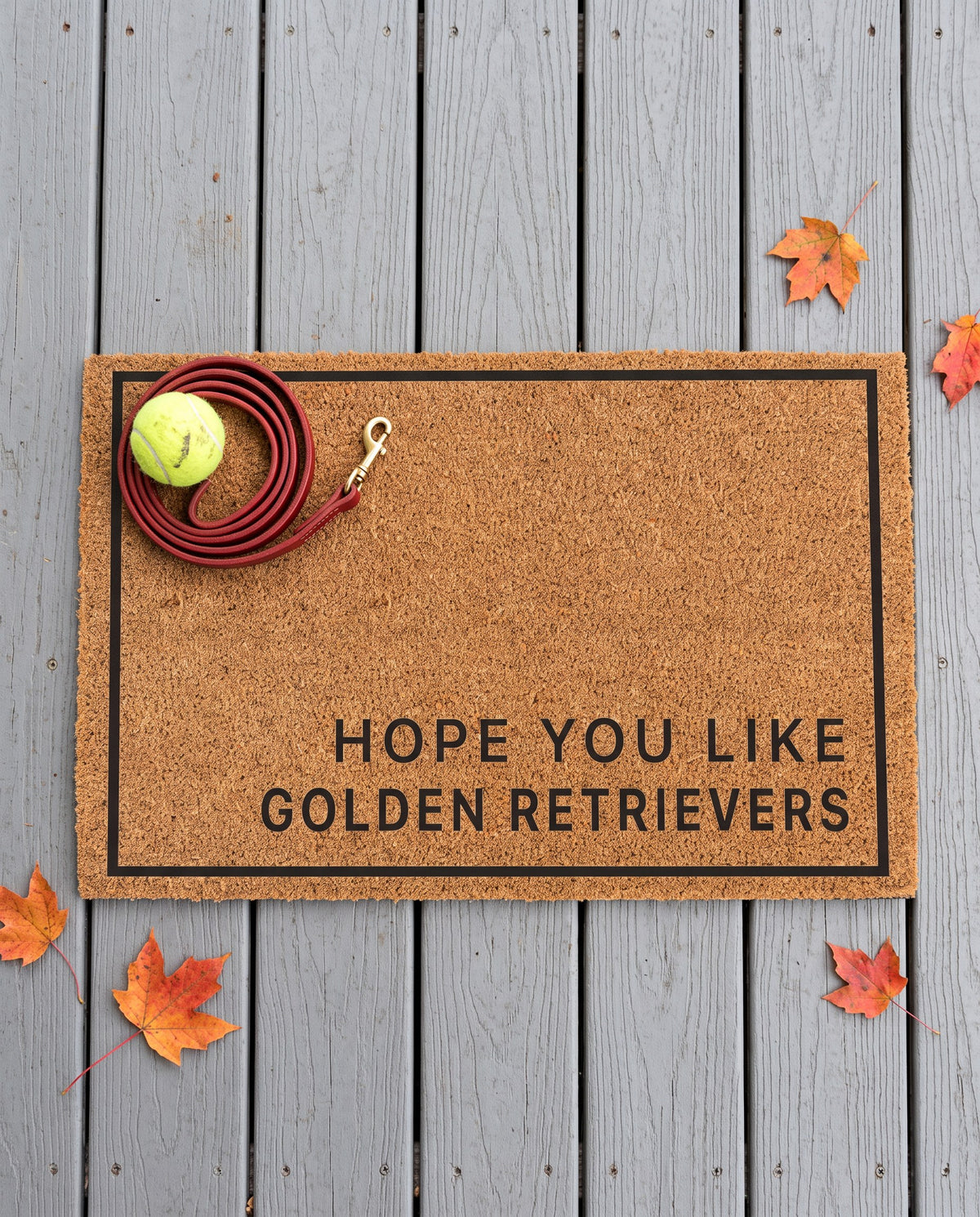 Hope You Like Golden Retrievers minimalist coir doormat with a tennis ball and dog leash on it