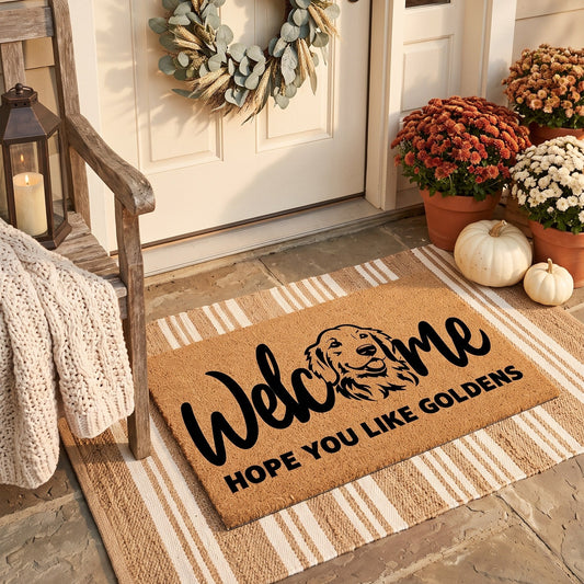 Welcome Hope You Like Goldens golden retriever doormat on a striped jute rug on a styled fall porch